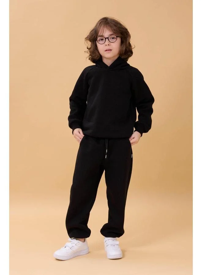 Perendi Reglan Sleeve Hooded Polar-Lined Unisex Kids Outfit Black.