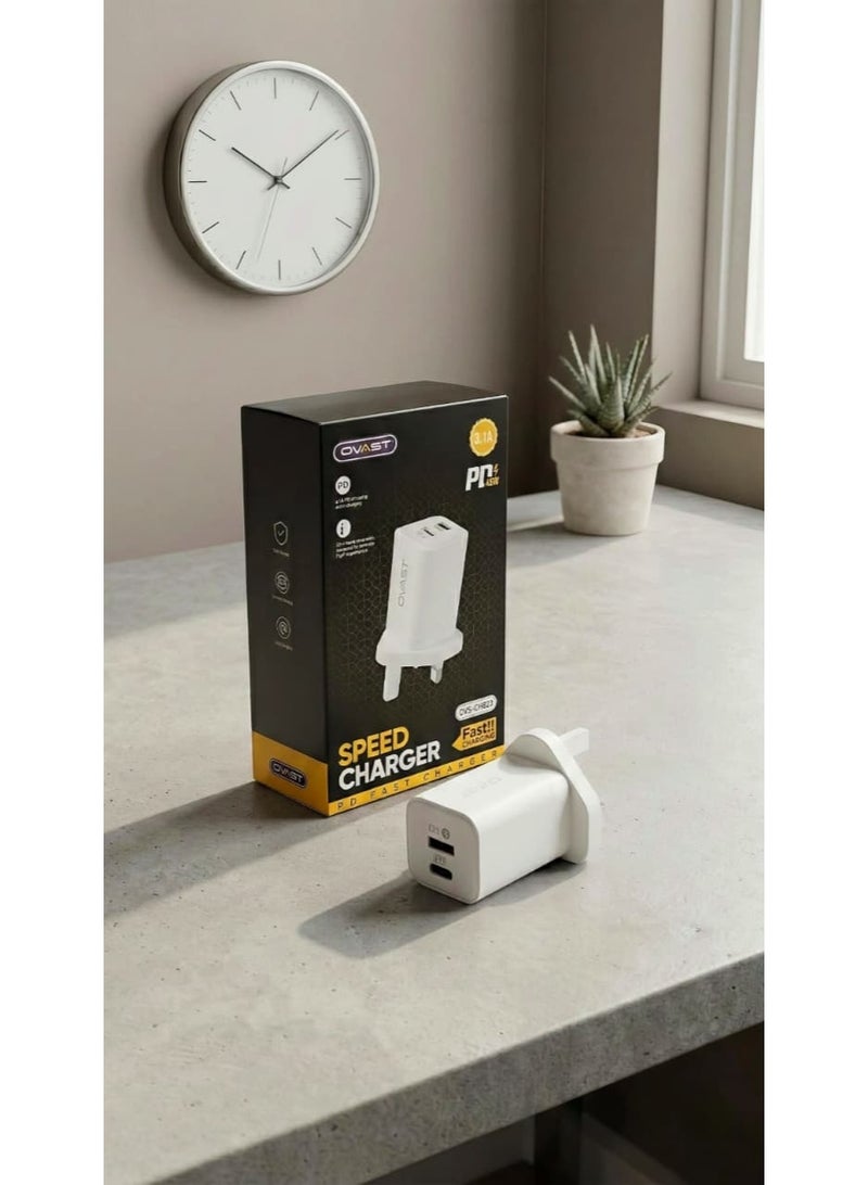 أوفست Fast Wall Charger, 3-Pin Wall Plug, 3-Pin Plug with USB and Type C Ports, 3-Pin Wall Socket, USB and Type C Charger, PD Charger, British 3-Pin Plug, Smart Charger Head, Supports Fast Charging Technology, High-Speed Data Transfer and Synchronization, British Plug Compatible with Saudi and Gulf Standards, Certified with European Quality Standards CE and RoHS to Ensure Safety, Compatible with All Types of Smartphones and Tablets, Modern Compact Design and Easy to Carry, Superior and Stable Performance for Safe Charging, High-Quality Wall Charger for Home and Office Use, 48W Fast Wall Charger, Dual Charging Ports PD and QC 3.0, 3.1A 3-Pin Wall Plug, Auto Power Disconnect Feature for Battery Protection, Upgraded Intelligent Chip for Automatic Current Control, Preserves Long-Term Battery Life, Ideal Solution for Charging Two Devices and Syncing Data Simultaneously - White Color. - Image 1