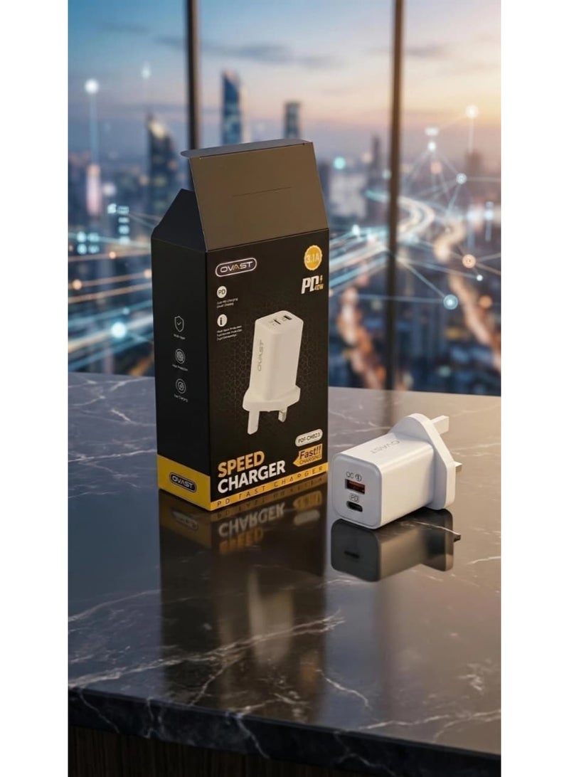 أوفست Fast Wall Charger, 3-Pin Wall Plug, 3-Pin Plug with USB and Type C Ports, 3-Pin Wall Socket, USB and Type C Charger, PD Charger, British 3-Pin Plug, Smart Charger Head, Supports Fast Charging Technology, High-Speed Data Transfer and Synchronization, British Plug Compatible with Saudi and Gulf Standards, Certified with European Quality Standards CE and RoHS to Ensure Safety, Compatible with All Types of Smartphones and Tablets, Modern Compact Design and Easy to Carry, Superior and Stable Performance for Safe Charging, High-Quality Wall Charger for Home and Office Use, 48W Fast Wall Charger, Dual Charging Ports PD and QC 3.0, 3.1A 3-Pin Wall Plug, Auto Power Disconnect Feature for Battery Protection, Upgraded Intelligent Chip for Automatic Current Control, Preserves Long-Term Battery Life, Ideal Solution for Charging Two Devices and Syncing Data Simultaneously - White Color. - Image 5