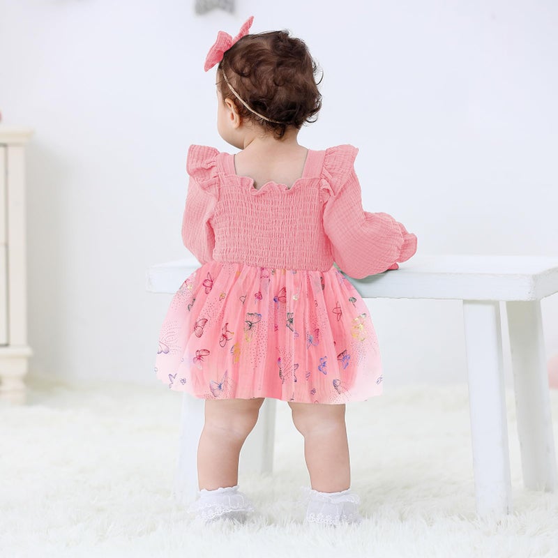 TITKKOP Baby Girl 1st Birthday Clothes One Year Old Tulle Romper Long Sleeve Bodysuit Cake Smash Outfits(pink butterfly,9-12M) - Image 4