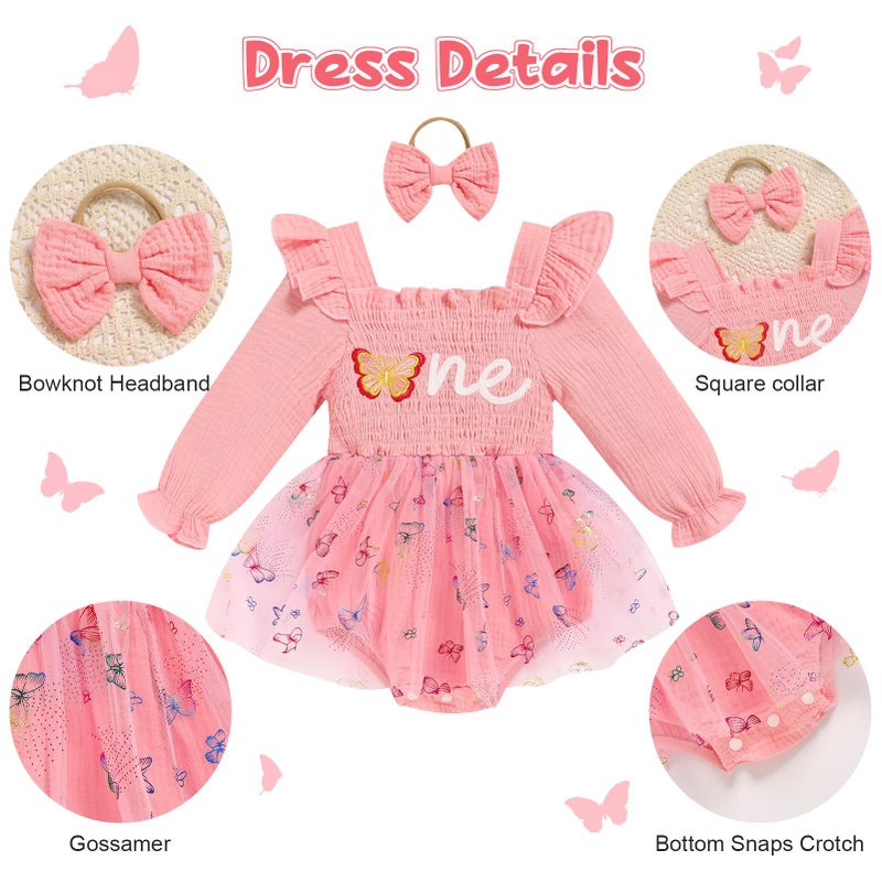 TITKKOP Baby Girl 1st Birthday Clothes One Year Old Tulle Romper Long Sleeve Bodysuit Cake Smash Outfits(pink butterfly,9-12M) - Image 5