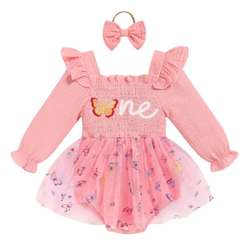 TITKKOP Baby Girl 1st Birthday Clothes One Year Old Tulle Romper Long Sleeve Bodysuit Cake Smash Outfits(pink butterfly,9-12M) - Image 1