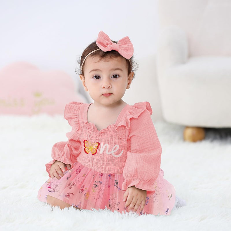 TITKKOP Baby Girl 1st Birthday Clothes One Year Old Tulle Romper Long Sleeve Bodysuit Cake Smash Outfits(pink butterfly,9-12M) - Image 2