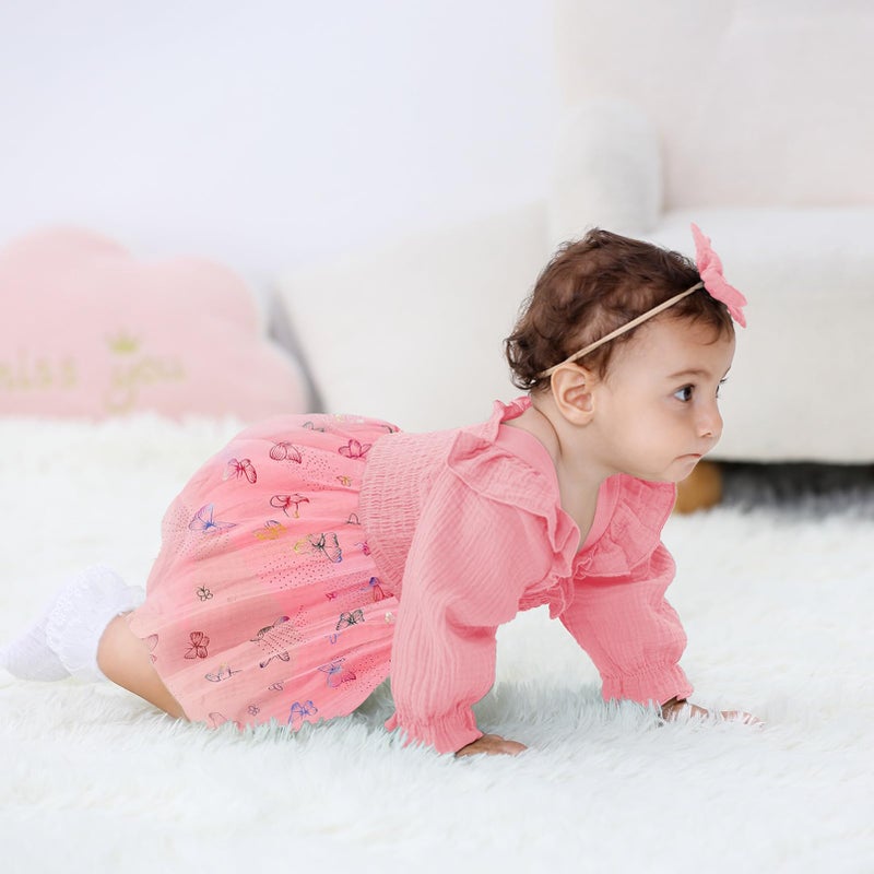 TITKKOP Baby Girl 1st Birthday Clothes One Year Old Tulle Romper Long Sleeve Bodysuit Cake Smash Outfits(pink butterfly,9-12M) - Image 3