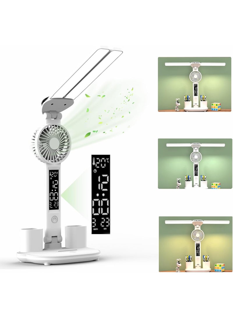 اباجورة مكتب LED MS-1009 قابلة للشحن ببطارية ليثيوم، اضاءة مزدوجة قابلة للتحكم، مروحة مدمجة بسرعات متعددة، شاشة عرض للوقت والتاريخ والحرارة، Type-C، مناسبة للمذاكرة والقراءة والعمل - Image 1