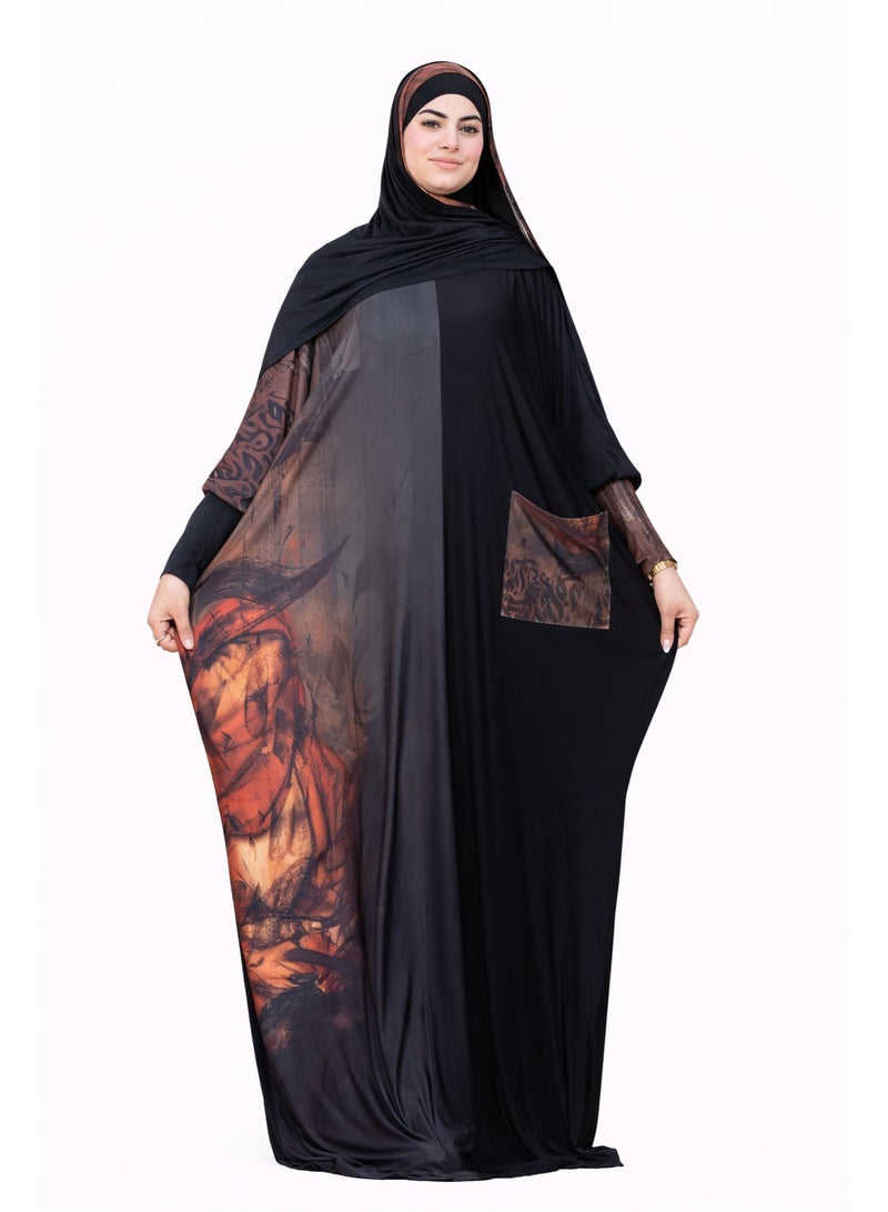 SATR HIJABI Women Printed Isdal Prayer Set – Full Coverage 2-Piece Prayer Outfit with Pocket, Soft Breathable Modest Islamic Wear Black Brown - Image 1
