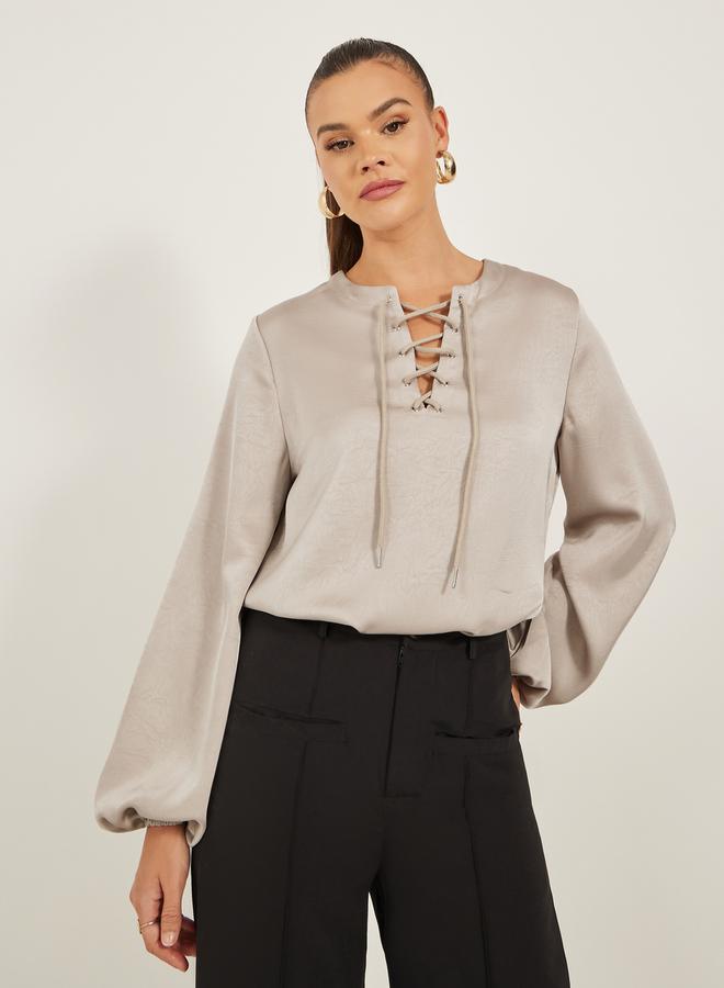 Styli Solid Lace Up Neckline Blouse with Balloon Sleeves - Image 1