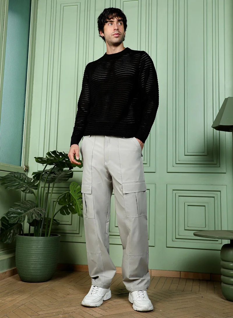 Campus Sutra  Men Contrast-Stitch Utility Trousers | Mid-Rise, Straight-Fit | Button Closure, Straight Hem | Solid Plain Woven Fabric For Casual & Daily Wear | Cloud Grey for Men | Best Price UAE
