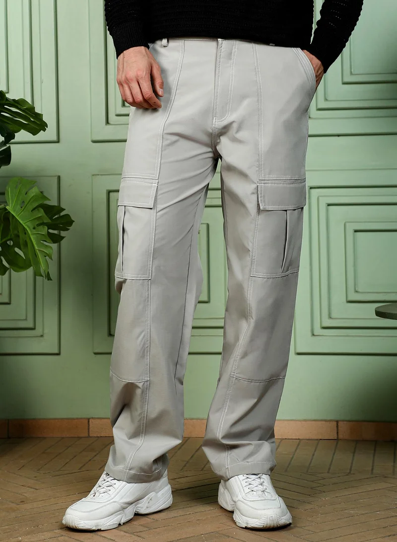 Campus Sutra Men Contrast-Stitch Utility Trousers | Mid-Rise, Straight-Fit | Button Closure, Straight Hem | Solid Plain Woven Fabric For Casual & Daily Wear | Cloud Grey