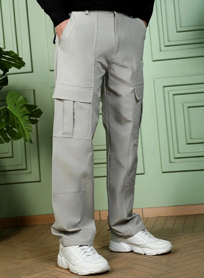 Campus Sutra  Men Contrast-Stitch Utility Trousers | Mid-Rise, Straight-Fit | Button Closure, Straight Hem | Solid Plain Woven Fabric For Casual & Daily Wear | Cloud Grey for Men | Best Price UAE