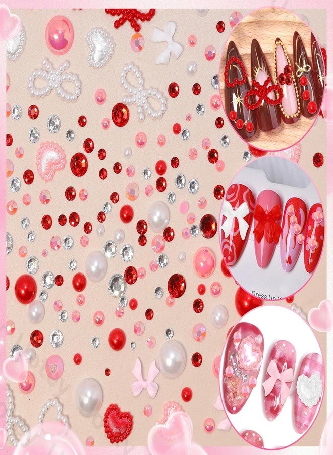 Uotey Valentines Day Nail Art Charms, Pink Red White Flatback Pearl and Rhinestone Kit, Mixed Bow Heart Pearls Flatback Resin Charms Bedazzling Rhinestones Kit for DIY Crafts - Image 3