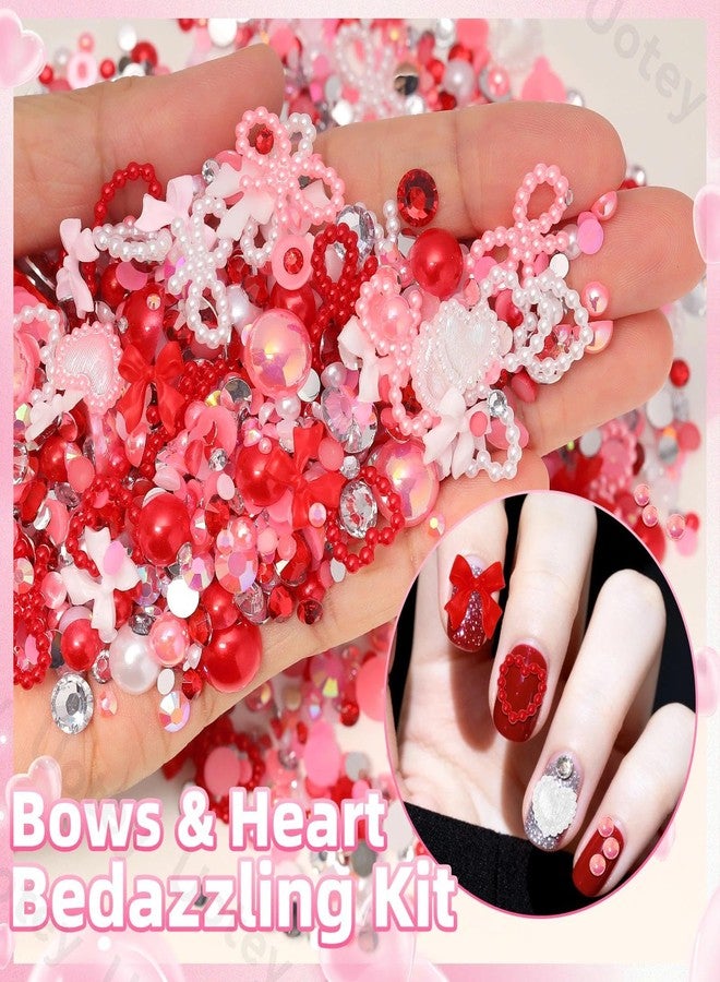 Uotey Valentines Day Nail Art Charms, Pink Red White Flatback Pearl and Rhinestone Kit, Mixed Bow Heart Pearls Flatback Resin Charms Bedazzling Rhinestones Kit for DIY Crafts - Image 4