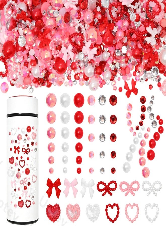 Uotey Valentines Day Nail Art Charms, Pink Red White Flatback Pearl and Rhinestone Kit, Mixed Bow Heart Pearls Flatback Resin Charms Bedazzling Rhinestones Kit for DIY Crafts - Image 1