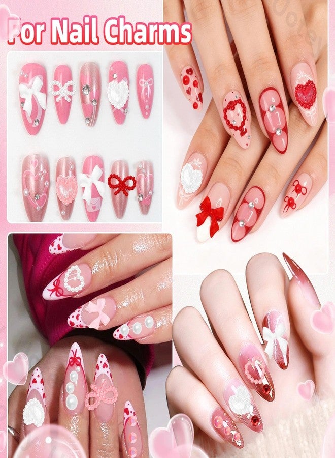 Uotey Valentines Day Nail Art Charms, Pink Red White Flatback Pearl and Rhinestone Kit, Mixed Bow Heart Pearls Flatback Resin Charms Bedazzling Rhinestones Kit for DIY Crafts - Image 5