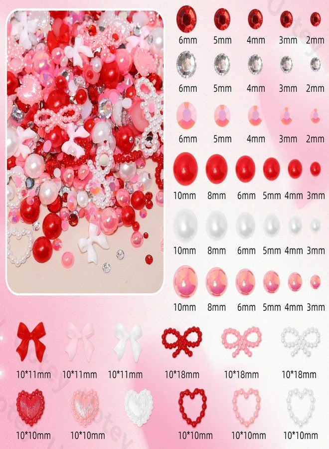 Uotey Valentines Day Nail Art Charms, Pink Red White Flatback Pearl and Rhinestone Kit, Mixed Bow Heart Pearls Flatback Resin Charms Bedazzling Rhinestones Kit for DIY Crafts - Image 2