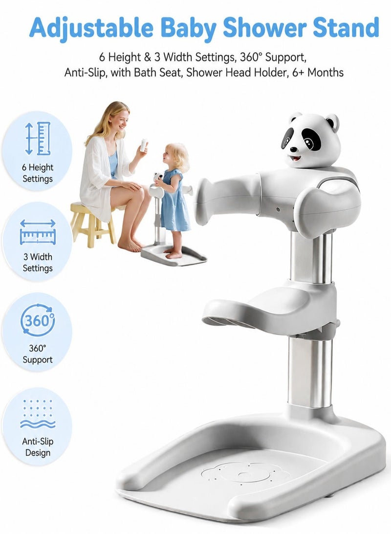 WALALLA Adjustable Baby Shower Stand with Bath Seat, 6 Height and 3 Width Settings, 360° Support, Anti-Slip Toddler Bathing Aid with Drain Holes and Shower Head Holder, Lightweight Portable Design, 6+ Months - Image 1