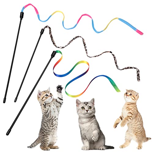 cobee 3 Pack Cat Wand Toy Set 30cm Cat Interactive Wand with Rainbow Ribbon String Leopard Print Cloth String for Kitten Training Exerciser Indoor Kitten Catcher - Image 1