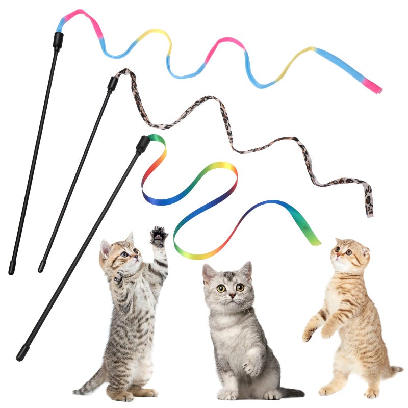 cobee 3 Pack Cat Wand Toy Set 30cm Cat Interactive Wand with Rainbow Ribbon String Leopard Print Cloth String for Kitten Training Exerciser Indoor Kitten Catcher - Image 2