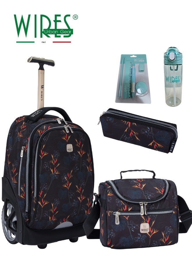 Wires 3 Piece Kids School Trolley Bag laptop compartment Big Wheels With Lunch bag & Pencil Case  - Image 1