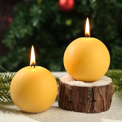 MAKALONE 2 Pack Beeswax Round Ball Candles,Hand-Poured Natural Beeswax Candles- 60 H Long Burning Elegant Bees Wax Candles for Home,Paryer,Parties,Unscented Dripless Smokeless Beeswax Candle - Image 1