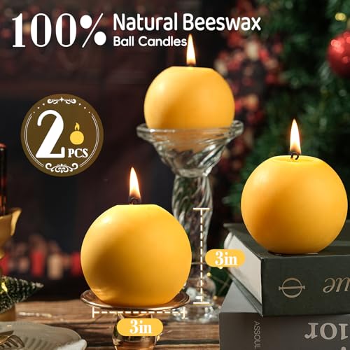 MAKALONE 2 Pack Beeswax Round Ball Candles,Hand-Poured Natural Beeswax Candles- 60 H Long Burning Elegant Bees Wax Candles for Home,Paryer,Parties,Unscented Dripless Smokeless Beeswax Candle - Image 3