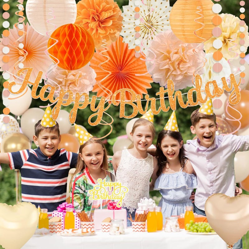 IHEPYQ Orange-Peach Fall Boho Birthday Party Decorations - 62pcs Happy Birthday Banner, Beige Rustic Paper Lanterns, Streamers, Tissue Pom Poms, Burnt Orange Apricot Party Balloons, Fall Backdrop Decor - Image 2