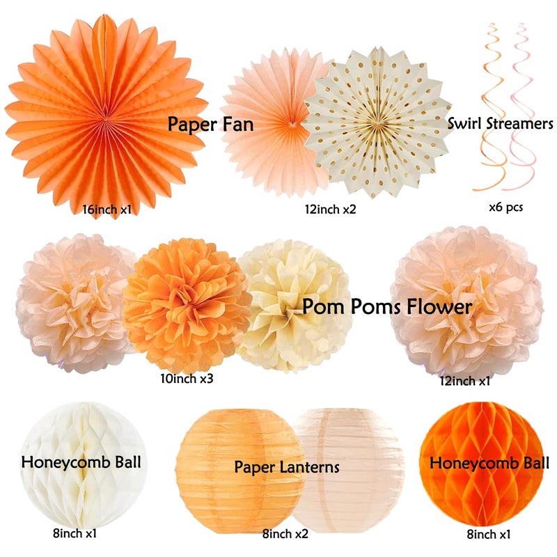 IHEPYQ Orange-Peach Fall Boho Birthday Party Decorations - 62pcs Happy Birthday Banner, Beige Rustic Paper Lanterns, Streamers, Tissue Pom Poms, Burnt Orange Apricot Party Balloons, Fall Backdrop Decor - Image 3