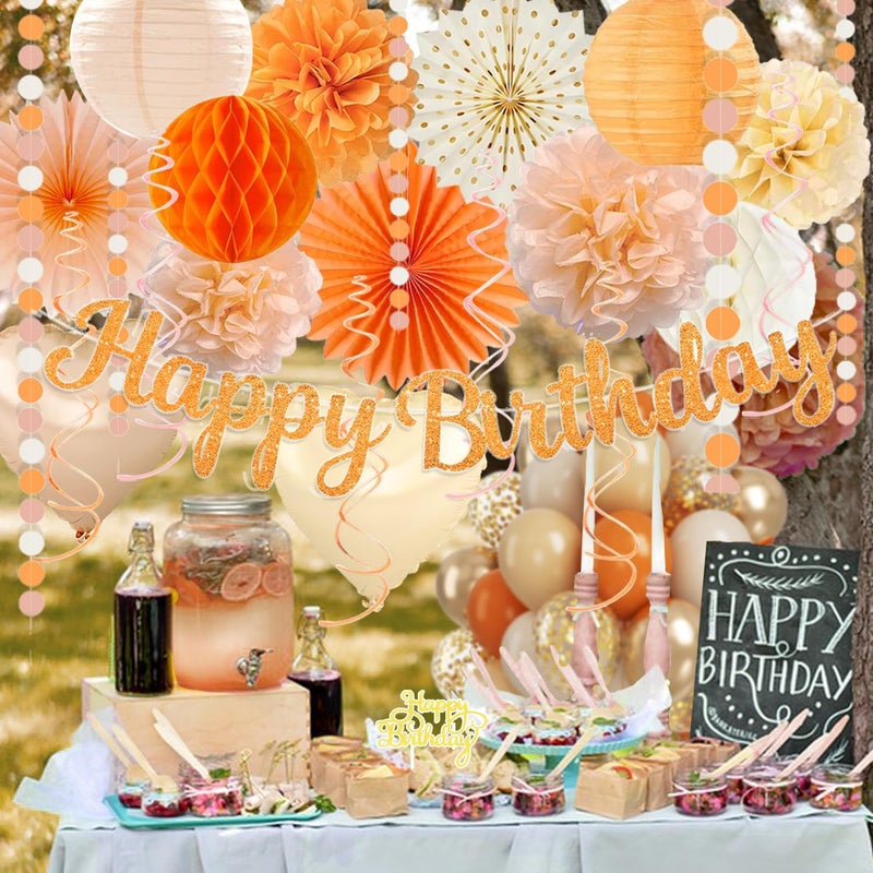IHEPYQ Orange-Peach Fall Boho Birthday Party Decorations - 62pcs Happy Birthday Banner, Beige Rustic Paper Lanterns, Streamers, Tissue Pom Poms, Burnt Orange Apricot Party Balloons, Fall Backdrop Decor - Image 5