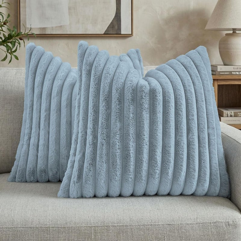 FUTEI Pack of 2 Fluffy Faux Fur Throw Pillow Covers 24x24 Inch Elegant Striped Textured Decorative European Cushion Cases Modern Accent Pillow for Couch Bed Living Room, Dusty Blue - Image 1