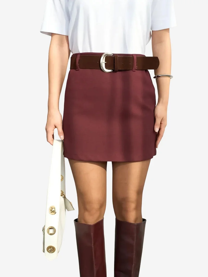 Qustyle QU STYLE High Waist Belted Mini Skirt