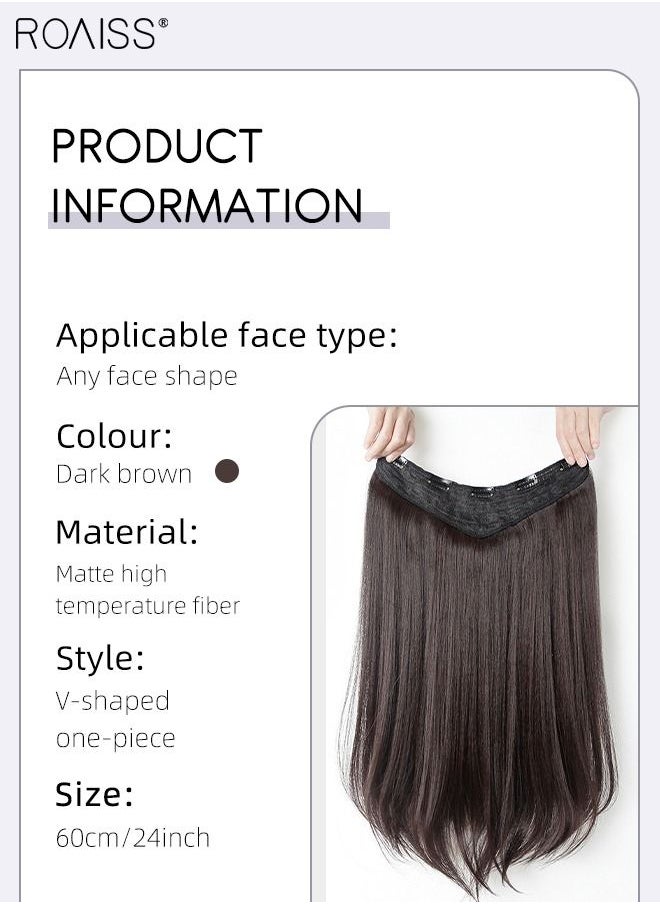 roaiss V-Shaped Dark Brown Hair Extensions One Piece Slightly Curly Straight Hair Extension with 5 Clips Heat Resistant Synthetic Hairpiece for Women Girls 60cm  - Image 3