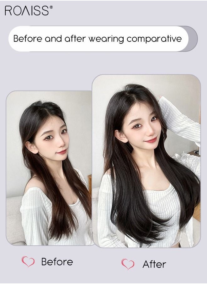 roaiss V-Shaped Dark Brown Hair Extensions One Piece Slightly Curly Straight Hair Extension with 5 Clips Heat Resistant Synthetic Hairpiece for Women Girls 60cm  - Image 2