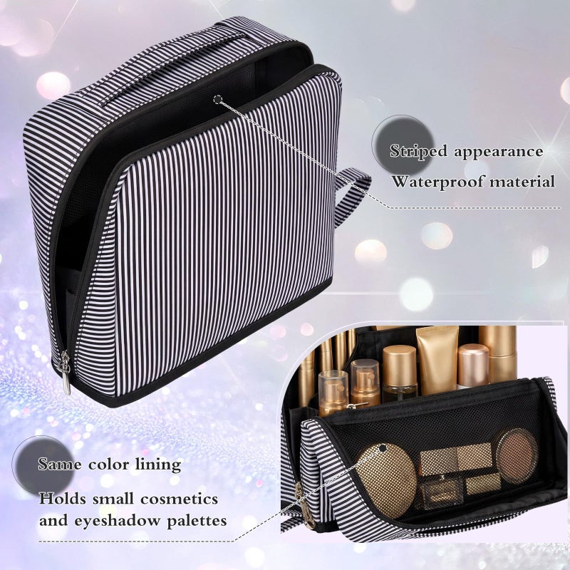 SilTriangle Striped Makeup Bag Large Cosmetic Bags for Women Gift with Brush Loops Mesh Pocket Wrist Strap Travel Organizer Storage Pouch Toiletry Case with Divider for Mirror(Black) - Image 5