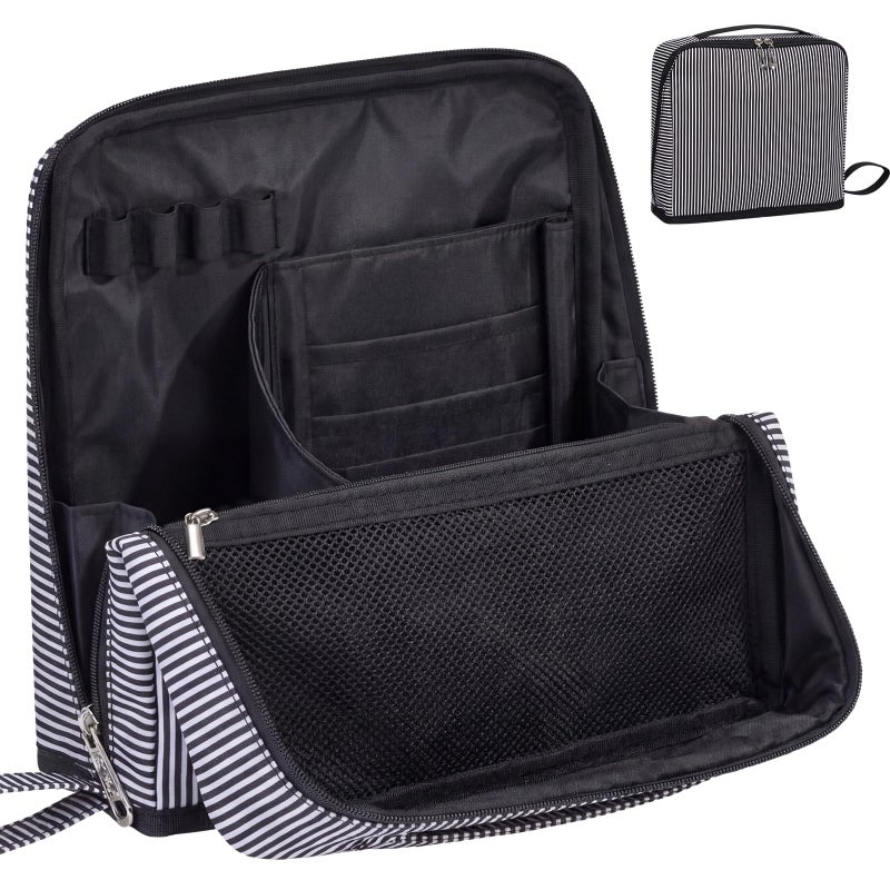 SilTriangle Striped Makeup Bag Large Cosmetic Bags for Women Gift with Brush Loops Mesh Pocket Wrist Strap Travel Organizer Storage Pouch Toiletry Case with Divider for Mirror(Black) - Image 1