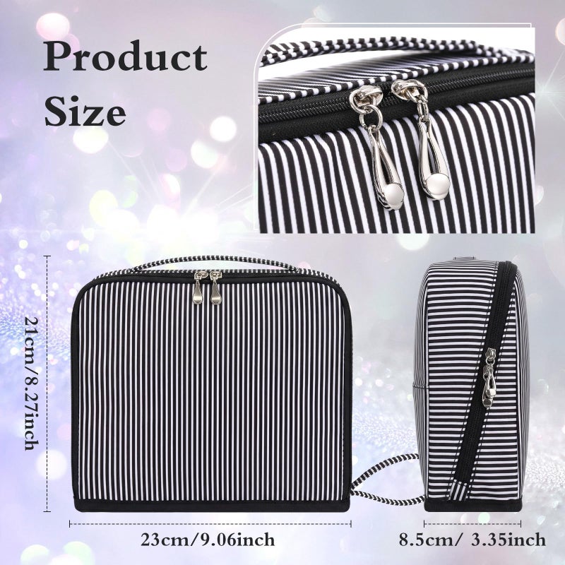 SilTriangle Striped Makeup Bag Large Cosmetic Bags for Women Gift with Brush Loops Mesh Pocket Wrist Strap Travel Organizer Storage Pouch Toiletry Case with Divider for Mirror(Black) - Image 2