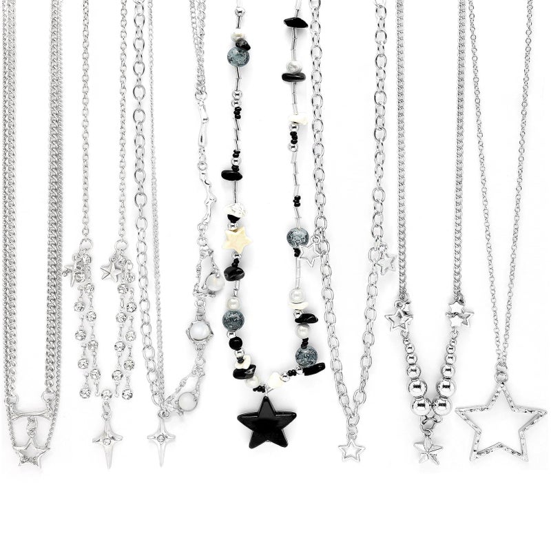 RechicGu 7 Pcs Y2K Star Necklace Set for Women Men Grunge Emo Jewelry Pack Alt Gothic Punk Accessories Rhinestone Star Moonlight Stone Pendant Y2K Irregular Necklaces for Cute Kawaii Outfits Gifts B - Image 1