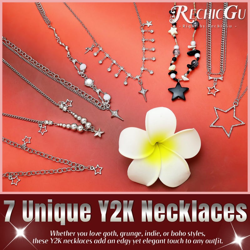 RechicGu 7 Pcs Y2K Star Necklace Set for Women Men Grunge Emo Jewelry Pack Alt Gothic Punk Accessories Rhinestone Star Moonlight Stone Pendant Y2K Irregular Necklaces for Cute Kawaii Outfits Gifts B - Image 4