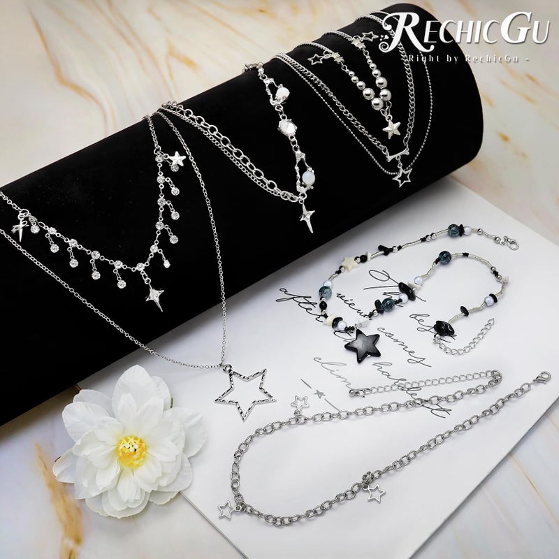 RechicGu 7 Pcs Y2K Star Necklace Set for Women Men Grunge Emo Jewelry Pack Alt Gothic Punk Accessories Rhinestone Star Moonlight Stone Pendant Y2K Irregular Necklaces for Cute Kawaii Outfits Gifts B - Image 5