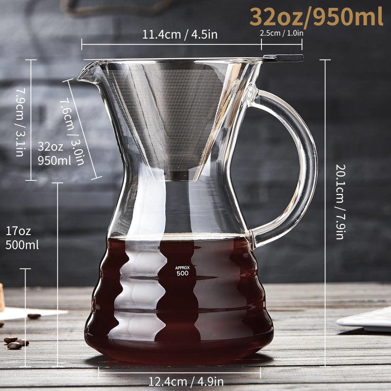 Unbreakable - Pour Over Coffee Maker with Permanent Stainless Filter 27 fl oz, Thickened Heat-Resistant Borosilicate Glass Dripper Coffee Brewer, Stovetop Safe - Image 5
