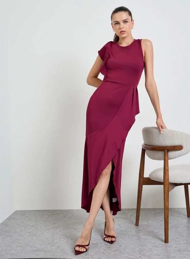 تايك تو Burgundy Solid Pleated Details A-Line Dress