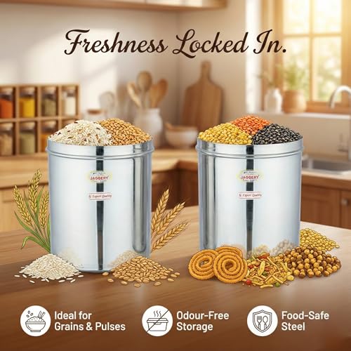 JAGGERY® Stainless Steel Tall Container, Ubha Dabba (Set of 2) (Dia_19, Height_ 21Cm, Capacity_ 4.8 Litre, Silver) - Image 3