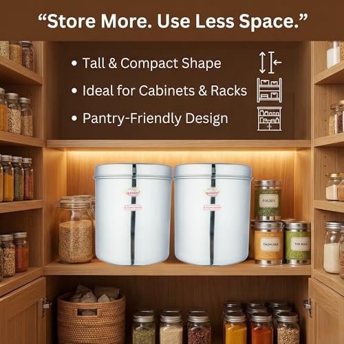 JAGGERY® Stainless Steel Tall Container, Ubha Dabba (Set of 2) (Dia_19, Height_ 21Cm, Capacity_ 4.8 Litre, Silver) - Image 4