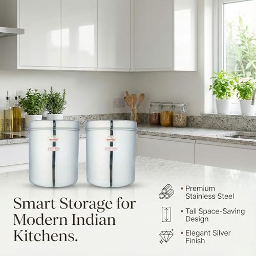 JAGGERY® Stainless Steel Tall Container, Ubha Dabba (Set of 2) (Dia_19, Height_ 21Cm, Capacity_ 4.8 Litre, Silver) - Image 2