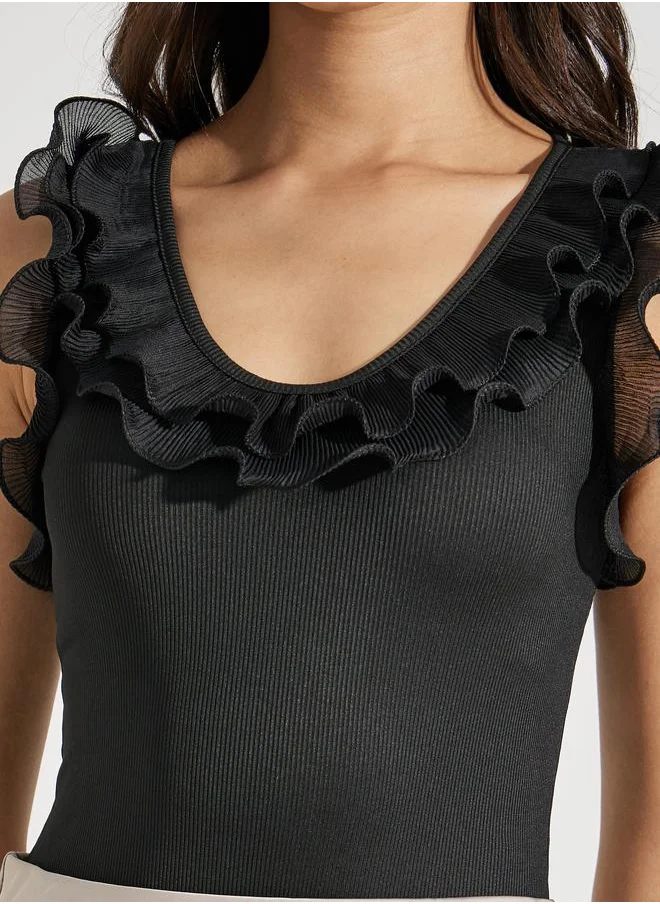 Styli Solid Knit Sleeveless Bodysuit with Ruffles