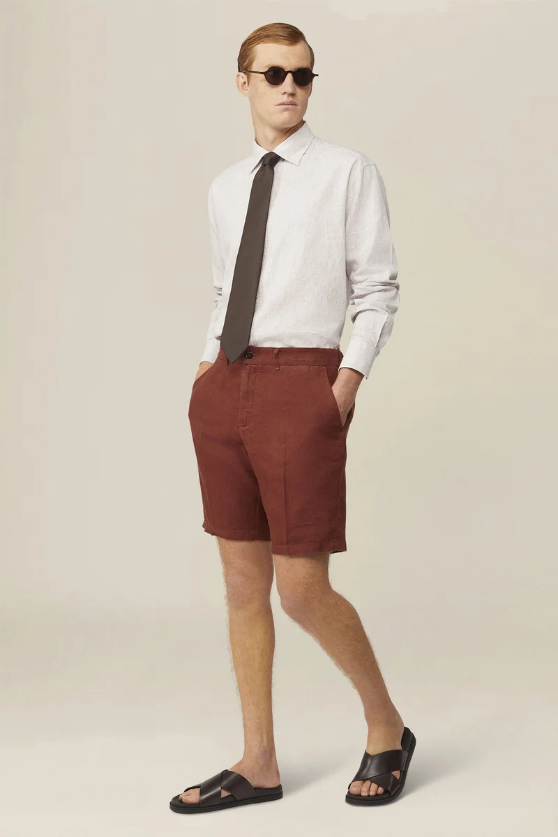 Men's 100% linen Bermuda shorts, regular fit - Rust