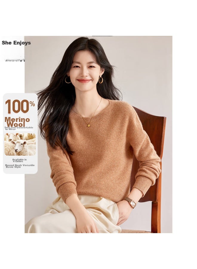 She Enjoys 100% Pure Wool Sweater, Women's Round Neck, Warm Top, Autumn And Winter Inner Layer, Base Layer, Knitted Sweater, T144z8004 - Image 1