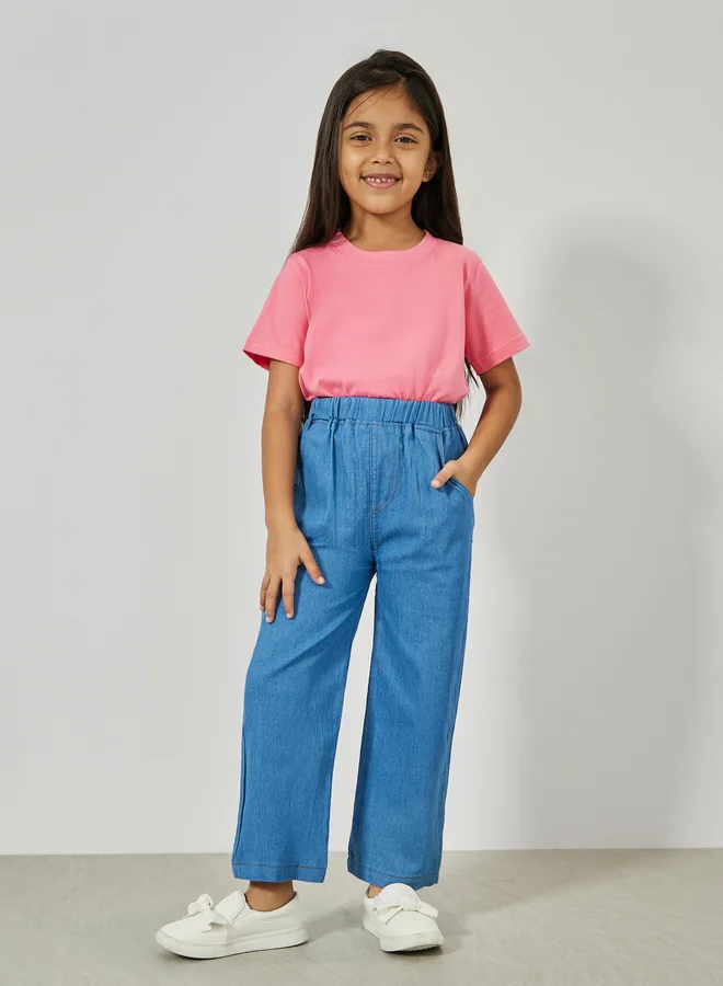 ستايلي Styli Solid Elastic Waistband Straight Leg Jeans