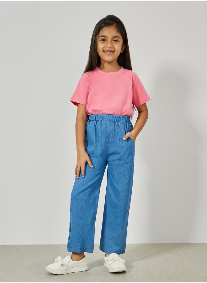 Styli - Solid Elastic Waistband Straight Leg Jeans - Image 1