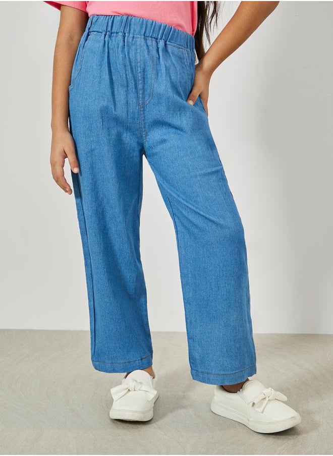 Styli - Solid Elastic Waistband Straight Leg Jeans - Image 1