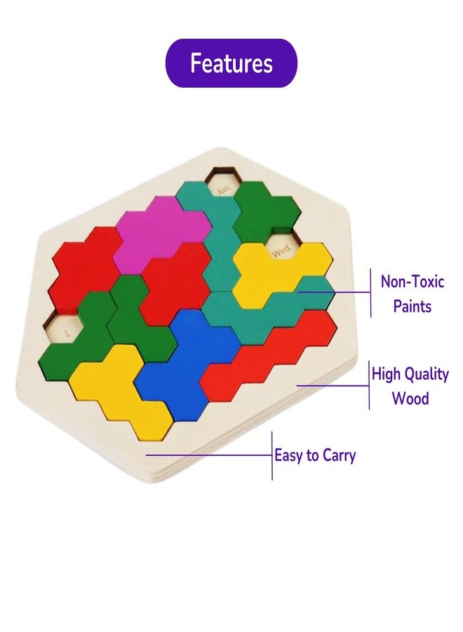 Cubelelo Drift Honeycomb Weekday Calendar Puzzle | A-Puzzle-A-Day | Premium Wooden Challenging Hexagon Shape Tetris Tangram Brain Storming Toy for Kids & Adults | Ideal Gift for Ages 3 and Above - Image 2